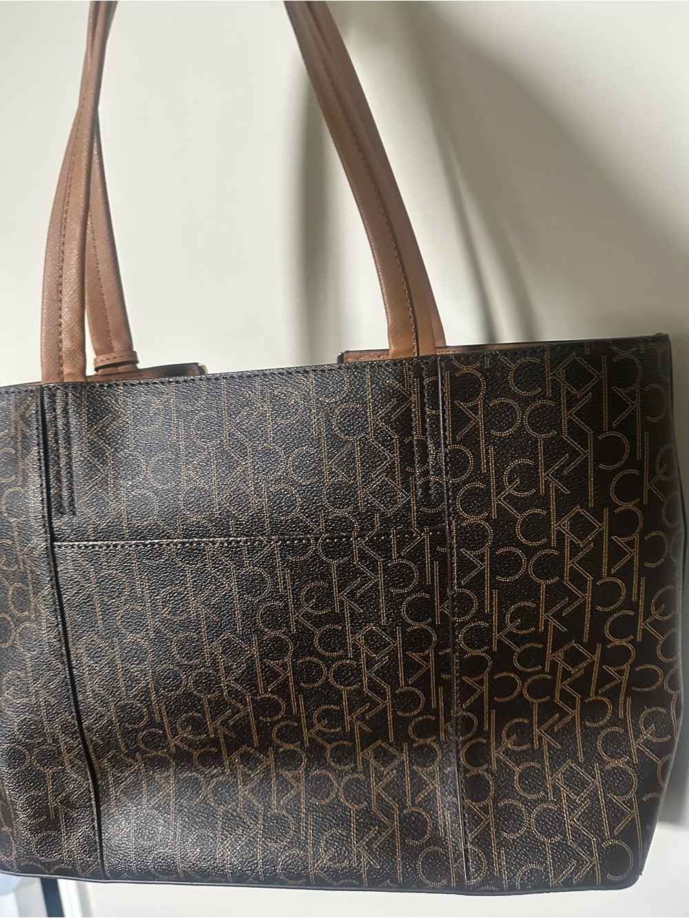 Calvin Klein Dark Brown Monogram Tote with Tan Straps NWOT - Picture 3 of 11